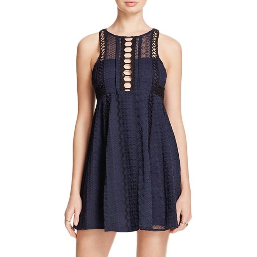 Free People NEW $148 Wherever You Go Embroidered Crochet Mini Dress, Navy SZ 0